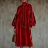 Vestido Longo de Veludo com Gola Alta Retro e Mangas Longas com Amarração - Moda Feminina Europeia e Americana 2026 - Estação Independente Amazon - Desenvolvido pela Annu