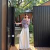 Tiro real Verano 2025 Versión coreana Pura Dulce Picante Hombro inclinado Irregular Camisa Camiseta Top Drapado Dulce Pantalones de pierna ancha