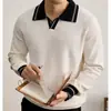 Camisa polo masculina retro britânica em blocos de cor, suéter casual de manga comprida para o outono e inverno