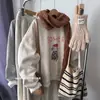 Moletom grosso branco-cinza com gola redonda, estampa de desenho animado, forrado de fleece, para mulheres, estilo outono e inverno, corte solto, modelagem que valoriza, casual, top retrô americano