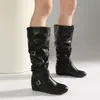 Botas altas de color liso con punta redonda para otoño e invierno, botas de cuña ligeras sin cordones para mujer, zapatos de talla grande, botas de moda de tacón medio de comercio exterior