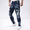 Jeans para Hombre Transfronterizos con Diseño Patchwork de Moda Callejera, Pantalones Azules con Estiramiento, Pantalones Skinny Versátiles de Corte Ajustado