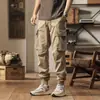Pantalones de trabajo de estilo americano modernos de verano para hombre, cintura elástica casual, bolsillos, algodón puro, con cremallera, puños, jeans largos para hombre