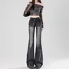 Jeans Lavados de Estilo Americano en Negro y Gris de Cintura Alta para Mujer, Nuevo Modelo Invierno 2025, Corte Delgado, Favorecedores, Pantalones Acampanados Elásticos