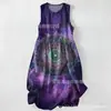Vestido Casual de Algodão Puro com Estampa Digital Nova, Gola Redonda, Sem Mangas, Comprimento Médio, Para Mulheres, Verão na Praia