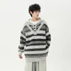 Sudadera a Rayas Estilo Japonés Hong Kong Ins para Hombre, Cuello Redondo Holgado, Diseño de Pareja Otoño e Invierno, Top Holgado de Nicho Perezoso