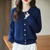 Cardigã de Malha 100% Algodão Puro com Gola Reversível para Mulheres, Novo Estilo Primavera e Outono, Corte Solto, Jaqueta Versátil de Malha Canelada Cor Sólida