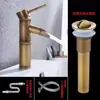 Grifo de Estilo Antiguo Europeo de Cobre Completo Grifo Retro con Junta de Bambú para Lavabo Individual Frío Lavabo Artístico Lavabo de Encimera Grifo de Agua Fría y Caliente