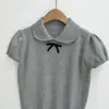 Diseño Único Verano Cuello de Muñeca Adelgazante Estilo Universitario Dulce y Picante Camiseta de Punto de Manga Corta para Mujer Top Corto