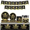 Set de Vajilla para Fiesta de Temporada de Graduación 2026 Negro Platos de Papel para Adultos Vasos de Papel Pancarta de Graduación Mantel de Mesa para Fiesta Pe
