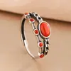 Anel de Prata S925 Estilo Chinês Novo Camada Dupla Ágata Vermelha do Sul Turquesa com Acabamento de Luxo Leve Vintage, Design Aberto Ajustável