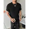 Camiseta de Punto para Hombre Estilo Old Money "Textura Arrugada Estilo Old Money", Hombro Recto, Manga Corta, Corte Delgado, Cuello Redondo, Manga Media de Capa Interior