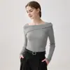 Estilo elegante e sofisticado! Camisa feminina canelada slim fit ombro a ombro 100% caxemira pura, top de tricô estiloso