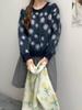 Tejido de Punto con Estampado de Flores Estilo Coreano Otoño e Invierno Nuevo Estilo Holgado Perezoso Diseño Dulce Cuello Redondo Tejido de Punto Navideño para Mujer