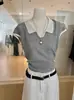 Top de Punto con Cuello en Contraste para Mujer Verano Manga Corta Delgado Holgado Estilo Francés Elegante Camisa Polo Combinación de Colores Sencilla Camiseta