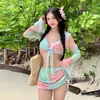 Bikini sexy de manga larga con degradado de malla estilo Chanel para mujer, estilo dulce, puro deseo, protector solar, bikini de mujer