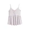 Top Camisola Feminino de Verão Francês com Franzidos Elástico Decote V Emagrecedor Sem Mangas Versátil Ajustável