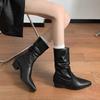Botas de Montón Plisadas de Punta Nicho con Tacón Grueso para Mujer Otoño e Invierno 2024 Botines de Tobillo de Tacón Alto Europeos y Americanos Botas de Moda Botas de Caña Corta Delgadas