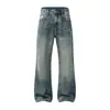 Calça Jeans Muqiu Masculina Estilo High Street Americano Corte Relaxado Levemente Flare com Pintura Salpicada e Pontos para Homens, Estilo para o Trabalho, Calça Longa Levemente Flare de Perna Larga