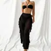Novo Maiô Feminino Outono 2025 Cor Lisa Calça de Renda Franzida Conjunto de Três Peças Moda Conjunto de Três Peças