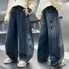 Jeans anchos de corte holgado para niño para otoño, estilo oversized de alta costura, pantalones largos hasta el suelo, pantalones de moda con lavado vintage para niños