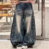 Pantalones de mezclilla estilo retro americano transfronterizos, nueva colección otoño/invierno, con lavado pesado y acabado desgastado, corte holgado y diseño de pierna ancha para hombres y mujeres