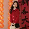 Conjunto Festivo de Año Nuevo para Niñas, Cárdigan de Punto Rojo, Nuevo Estilo Otoño e Invierno para Niños Mayores, Cuello Peter Pan de Encaje, Ropa de Abrigo de Manga Larga