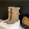 Versão em couro bovino~Botas de perna curta para garotas estilosas, salto grosso feminino, botas de cano médio Maillard, bico fino com temperamento, botas de cano dobrado justas