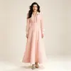 Vestido Longo Jacquard Renda Strass Europeu e Americano Gola Lapela Manga Longa Barra Larga Saia Longa Luxo Leve Banquete Roupas Femininas Europeias e Americanas
