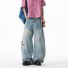 Jeans Scimitar de Qualidade Tiktok Estilo Americano Desenho Animado Bordado Design Desconstruído