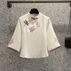 Top de trabalho estilo retrô que afina a silhueta Novo estilo chinês calça pantalona para tratamento capilar em salão de beleza conjunto de duas peças loja bordado cheongsam
