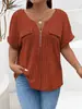 2025 Amazon Primavera/Verão Novo Top Feminino Cor Sólida Tamanho Grande Zíper Manga Curta Bolso Falso Pulôver Camiseta Caimento Solto
