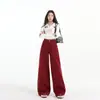 Jeans American Retro Angola Vermelho Perna Larga Feminino Cintura Alta Emagrecimento Moda Drapê Casual Versátil Calça Comprida