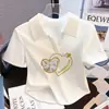 Polo Blanco Algodón Solapa Slim-fit Tejido Manga Corta Camiseta Verano para Mujer Elegante Francés Cuello en V Corto Top Combinable