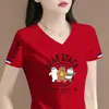 Comércio Exterior Transfronteiriço Último Estoque Grande Marca Etiqueta Cortada Manga Curta Camiseta Feminina Verão Solta Casual Petite Decote V Meia Manga