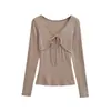 Camiseta Base de Cuello en V con Lazo para Mujer, Estilo Puro y Atractivo, Top para Llevar Debajo, Camiseta Elegante, Manga Larga, Elástico, Suave, Corte Ajustado