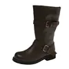 Botas de Caballero Apiladas con Pliegues Versátiles de Punta Redonda para Mujer, Nuevas de Principios de Otoño, Cuero de Color Retro Desgastado con Hebilla, Verano 2026