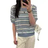 Novo Top de Tricô Jacquard Perfurado Listrado de Seda Gelada para Mulheres, Camiseta Fina de Manga Curta com Gola Redonda de Lyocell Tencel