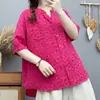 Camisa de Algodón Puro Floral con Cuello en V Holgada Talla Grande Estilo Japonés Mori para Mujer Verano de Manga Corta Casual Cruzada