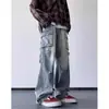 Marca de moda americana Hip Hop Retro Pantalones Cargo de Mezclilla Rasgados para Hombre Primavera Otoño High Street Sueltos Rectos Pierna Ancha Pantalones Largos