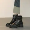 Versión de Piel de Oveja~Estilo Británico Retro Tacón Grueso Punta Redonda Cremallera Trasera de Cuero Genuino Botas Ajustadas Elásticas Botas Martin Versátiles para Otoño e Invierno