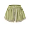 Shorts de Renda com Cetim Doce e Picante Verão Novo Cintura Elástica Cordão Solto Emagrecimento Reto Casual Hot Pants Feminino