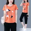 Moda verão plus size feminina para meninas cheinhas, moda emagrecedora, conjunto de calça cropped solta de manga curta, conjunto esportivo de duas peças, moda