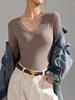 Camiseta Base de Canalé con Cuello en V para Mujer de 240g, Camiseta de Manga Larga para Vestir por Capas, Nuevo Estilo Primavera y Otoño 2026, Corte Ajustado, Top Base Versátil