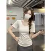 Dropshipping Transfronterizo Verano Cuello en V Hombro Normal Color Sólido Cintura Ceñida Manga Corta Camiseta Diseño para Mujer Nicho Ajustado Superior