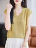 Camiseta de punto de manga corta con cuello en V para mujer, estilo veraniego fino con diseño calado, top adelgazante y elegante, camiseta sin mangas fresca de lino de bambú