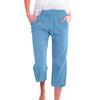 Amazon Transfronterizo Deseo Mujer Color Sólido Cordón Algodón Lino Casual Holgado Recto Bolsillo Ropa de Casa Pantalones Cropped