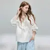 Camisa feminina de manga longa em algodão puro com textura jacquard e gola de renda estilo francês, leve, proteção solar, de alta qualidade, top versátil para o outono
