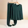 Roupa Térmica Feminina Conjunto de Duas Peças com Forro de Lã Veludo Camisa Base Roupas de Outono Calças de Outono Espessadas Outono e Inverno Gola Redonda Conjunto Cor Rosa Raiz de Lótus