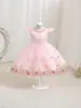 Vestido infantil transfronteiriço, estilo princesa de verão com mangas curtas e saia em camadas de tule, adequado para apresentações de piano e shows de palco de meninas pequenas
